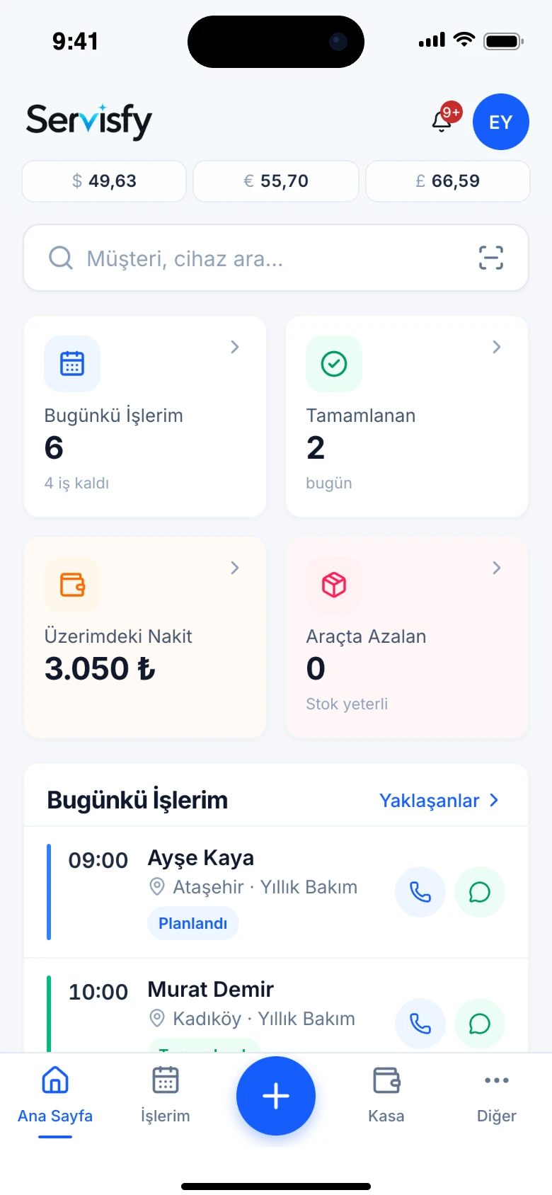 Servisfy teknisyen ana ekranı